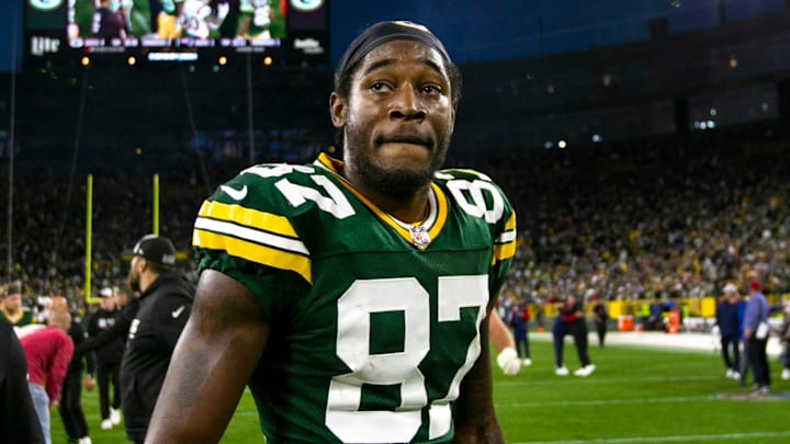 Green Bay Packers wide receiver Romeo Doubs (87) walks off the field after defeating the New England Patriots 27-24 in overtime on Sunday, Oct. 2, 2022, at Lambeau Field in Green Bay, Wis.