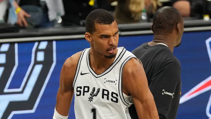 May 24, 2026; San Antonio, Texas, USA;  San Antonio Spurs center Victor Wembanyama (1) reacts after the second quarter against the Oklahoma City Thunder during game four of the western conference finals for the 2026 NBA playoffs at Frost Bank Center. Mandatory Credit: Scott Wachter-Imagn Images