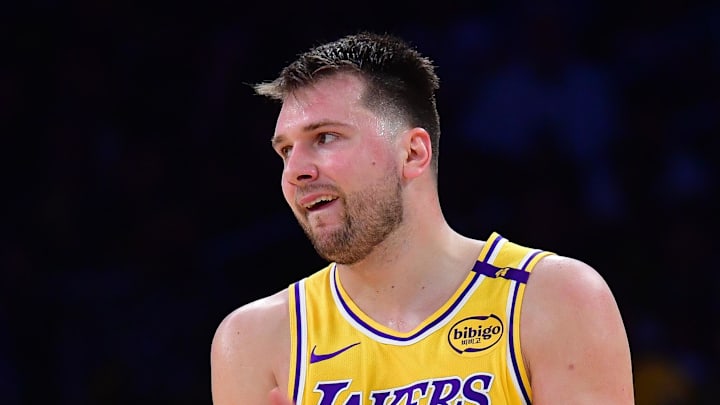 Apr 30, 2025; Los Angeles, California, USA; Los Angeles Lakers guard Luka Doncic (77) reacts during the second half in game five of first round for the 2025 NBA Playoffs at Crypto.com Arena. Mandatory Credit: Gary A. Vasquez-Imagn Images