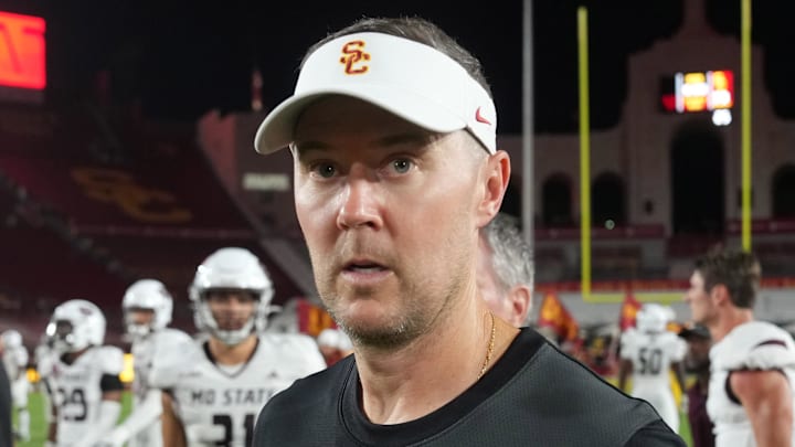 Aug 30, 2025; Los Angeles, California, USA; Southern California Trojans head coach Lincoln Riley reacts after the game against the Missouri State Bears at United Airlines Field at Los Angeles Memorial Coliseum. Mandatory Credit: Kirby Lee-Imagn Images Aug 30, 2025; Los Angeles, California, USA; Southern California Trojans head coach Lincoln Riley reacts after the game against the Missouri State Bears at United Airlines Field at Los Angeles Memorial Coliseum. Mandatory Credit: Kirby Lee-Imagn Images