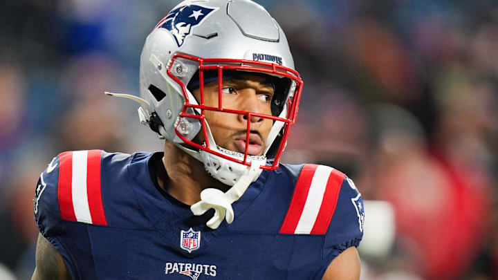 Jan 11, 2026; Foxborough, MA, USA; New England Patriots running back Treveyon Henderson (32) looks on before the game against the Los Angeles Chargers in an AFC Wild Card Round game at Gillette Stadium.