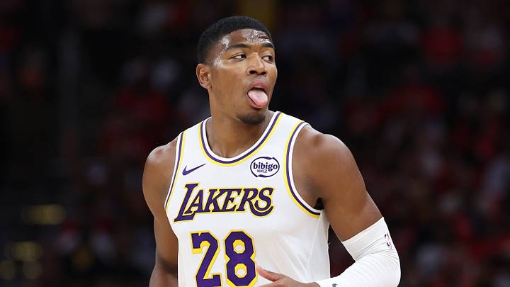 Apr 26, 2026; Houston, Texas, USA; Los Angeles Lakers forward Rui Hachimura (28) reacts after scoring a basket during the second quarter against the Houston Rockets during game four of the first round of the 2026 NBA Playoffs at Toyota Center. Mandatory Credit: Troy Taormina-Imagn Images