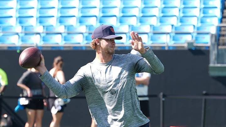 Sep 13, 2026; Charlotte, North Carolina, USA;  Chicago Bears quarterback Tyson Bagent (17) during pregame warmups before the game against the Carolina Panthers at Bank of America Stadium.  Mandatory Credit: Jim Dedmon-Imagn Images