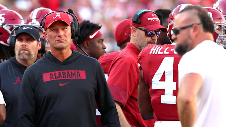 Oct 4, 2025; Tuscaloosa, Alabama, USA; Alabama Crimson Tide head coach Kalen DeBoer watches from the sidelines during the second quarter against the Vanderbilt Commodores at Saban Field at Bryant-Denny Stadium. Mandatory Credit: David Leong-Imagn Images