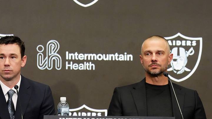 Feb 10, 2026; Henderson, NV, USA;  Las Vegas Raiders coach Klint Kubiak (left) and general manager John Spytek at introductory press conference at Intermountain Health Performance Center. Mandatory Credit: Kirby Lee-Imagn Images