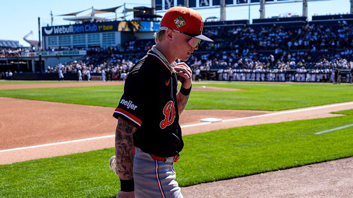 Detroit Tigers outfielder Max Clark walks off the field. Detroit Tigers outfielder Max Clark walks off the field.