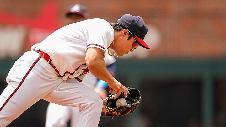 Jun 21, 2026; Cumberland, Georgia, USA; Atlanta Braves shortstop Ha-Seong Kim (7) fields a ground ball against the Milwaukee Brewers during the second inning at Truist Park. Mandatory Credit: Dale Zanine-Imagn Images