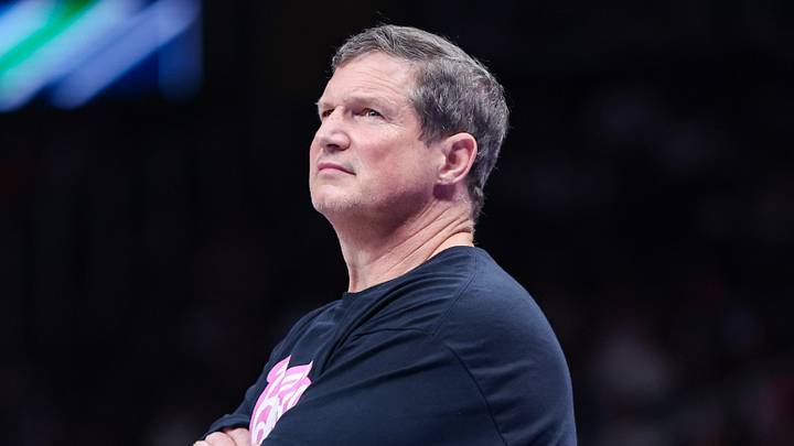 Atlanta, Georgia, USA; Atlanta Dream head coach Karl Smesko looks at the scoreboard against the Las Vegas Aces in the third quarter at State Farm Arena on August 3, 2026. Atlanta, Georgia, USA; Atlanta Dream head coach Karl Smesko looks at the scoreboard against the Las Vegas Aces in the third quarter at State Farm Arena on August 3, 2026.
