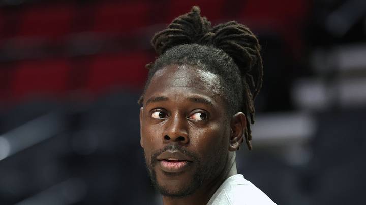Oct 7, 2026; Portland, Oregon, USA;  Portland Trail Blazers guard Jrue Holiday (5) looks on after participating in warm ups before the game the Golden State Warriors at Moda Center.  Mandatory Credit: Jaime Valdez-Imagn Images