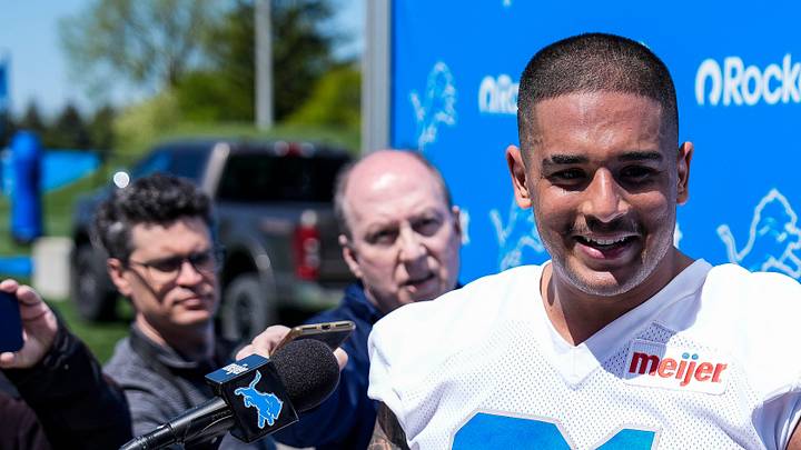 Detroit Lions defensive lineman Ahmed Hassanein (61) speaks after practice during rookie mini camp at Meijer Performance Center in Allen Park on Friday, May 9, 2025.