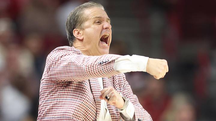 Arkansas Razorbacks coach John Calipari during the second half against the Texas Longhorns at Bud Walton Arena. Arkansas won 105-85. Arkansas Razorbacks coach John Calipari during the second half against the Texas Longhorns at Bud Walton Arena. Arkansas won 105-85.