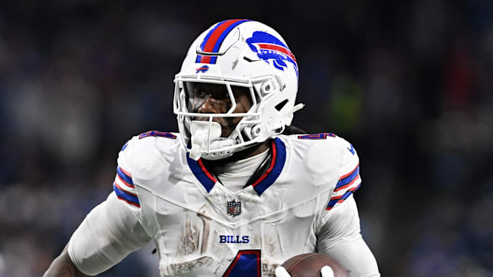 Dec 15, 2024; Detroit, Michigan, USA; Buffalo Bills running back James Cook (4) runs for a touchdown against the Detroit Lions in the third quarter at Ford Field. Mandatory Credit: Lon Horwedel-Imagn Images Dec 15, 2024; Detroit, Michigan, USA; Buffalo Bills running back James Cook (4) runs for a touchdown against the Detroit Lions in the third quarter at Ford Field. Mandatory Credit: Lon Horwedel-Imagn Images