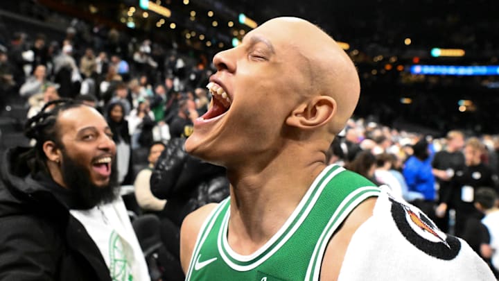 Dec 2, 2025; Boston, Massachusetts, USA; Boston Celtics guard Jordan Walsh (27) reacts while walking off of the court after a game against the New York Knicks at the TD Garden. Mandatory Credit: Brian Fluharty-Imagn Images