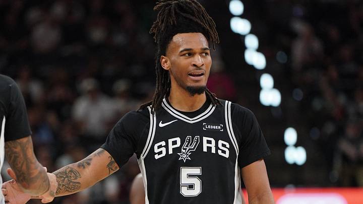 May 28, 2026; San Antonio, Texas, USA; San Antonio Spurs guard Stephon Castle (5) reacts with forward Julian Champagnie (30) in the first half during game six of the western conference finals for the 2026 NBA playoffs at Frost Bank Center. Mandatory Credit: Dustin Safranek-Imagn Images