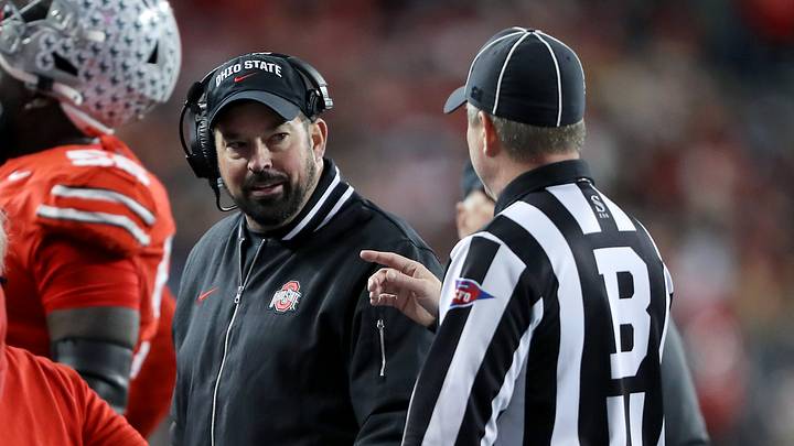 Nov 18, 2023; Columbus, Ohio, USA; Ohio State Buckeyes head coach Ryan Day talks to the officials during the second half against the Minnesota Golden Gophers at Ohio Stadium. Mandatory Credit: Joseph Maiorana-USA TODAY Sports Nov 18, 2023; Columbus, Ohio, USA; Ohio State Buckeyes head coach Ryan Day talks to the officials during the second half against the Minnesota Golden Gophers at Ohio Stadium. Mandatory Credit: Joseph Maiorana-USA TODAY Sports