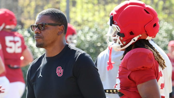 Oklahoma running backs coach Deland McCullough on the practice field. Oklahoma running backs coach Deland McCullough on the practice field.