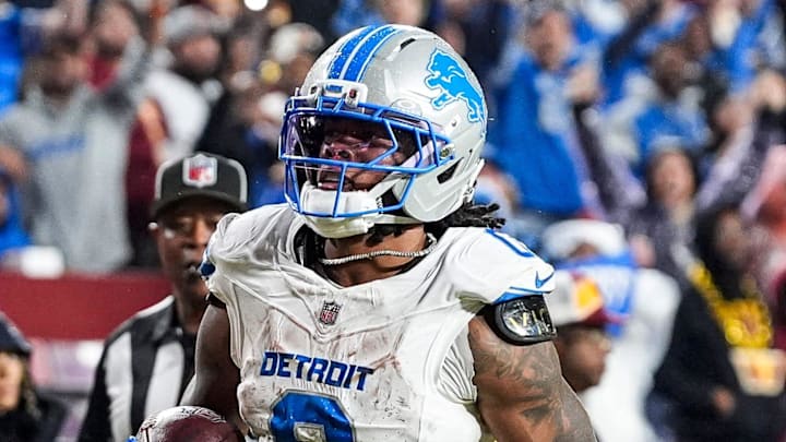 Detroit Lions running back Jahmyr Gibbs (0).