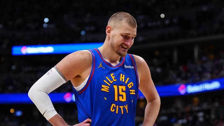 Apr 20, 2026; Denver, Colorado, USA; Denver Nuggets center Nikola Jokic (15) reacts in the second quarter against the Minnesota Timberwolves during game two of the first round of the 2026 NBA Playoffs at Ball Arena. Apr 20, 2026; Denver, Colorado, USA; Denver Nuggets center Nikola Jokic (15) reacts in the second quarter against the Minnesota Timberwolves during game two of the first round of the 2026 NBA Playoffs at Ball Arena.