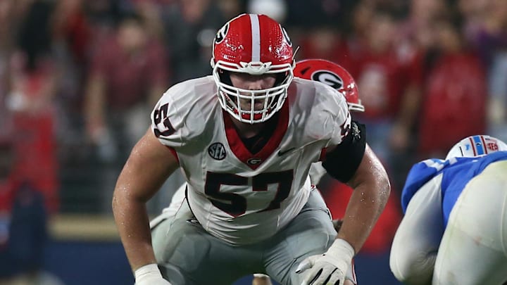 Nov 9, 2024; Oxford, Mississippi, USA; Georgia Bulldogs offensive lineman Monroe Freeling (57) lines up before the snap against the Mississippi Rebels during the second half  at Vaught-Hemingway Stadium. Mandatory Credit: Petre Thomas-Imagn Images
