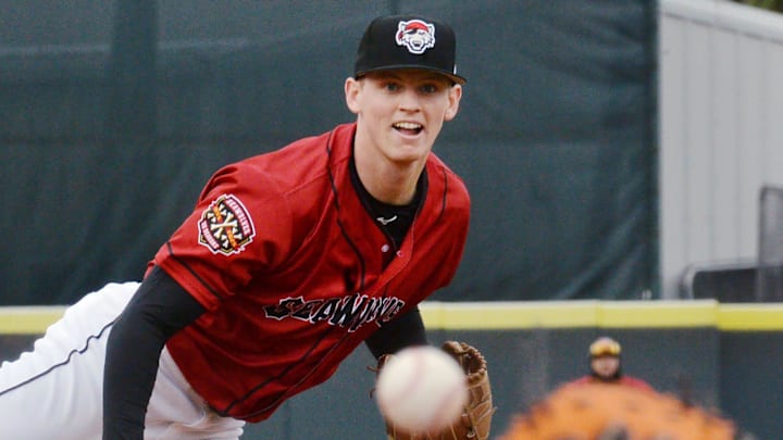 Erie SeaWolves starting pitcher Troy Melton throws against the Harrisburg Senators on opening day at UPMC Park in Erie on April 4, 2025.