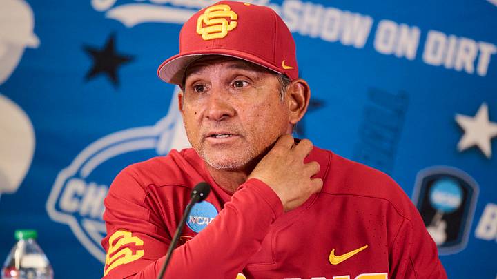 May 31, 2025; Corvallis, OR, USA; USC head coach Andy Stankiewicz takes questions after a game against Saint Mary's at the NCAA Corvallis Regional at Goss Stadium. 