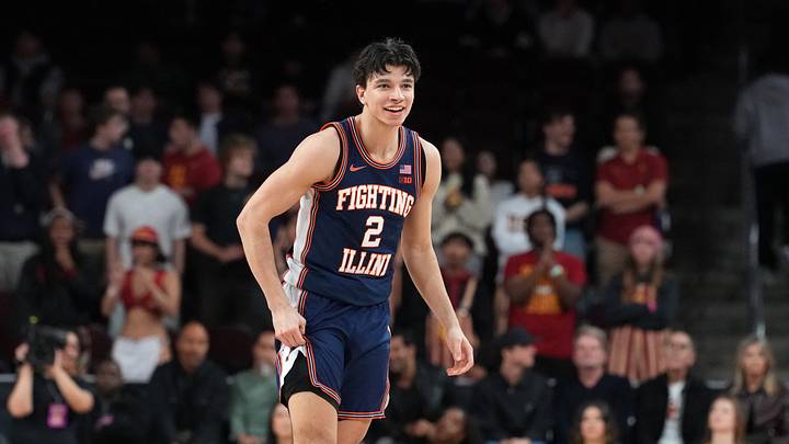 Feb 18, 2026; Los Angeles, California, USA; Illinois Fighting Illini guard Andrej Stojakovic (2) reacts against the Southern California Trojans in the first half at Galen Center. Mandatory Credit: Kirby Lee-Imagn Images Feb 18, 2026; Los Angeles, California, USA; Illinois Fighting Illini guard Andrej Stojakovic (2) reacts against the Southern California Trojans in the first half at Galen Center. Mandatory Credit: Kirby Lee-Imagn Images
