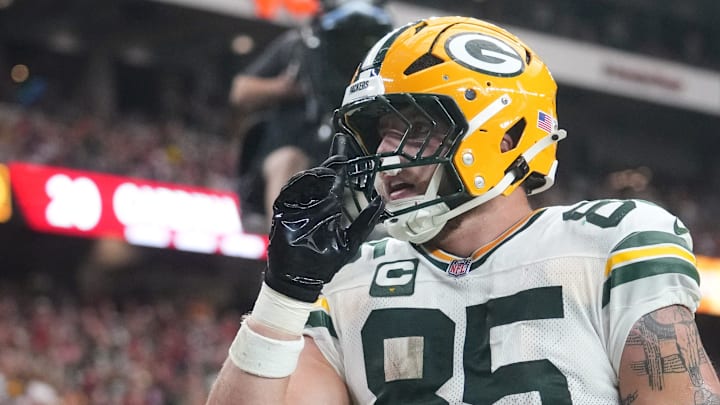 Green Bay Packers tight end Tucker Kraft (85) celebrates his touchdown catch against the Arizona Cardinals. Green Bay Packers tight end Tucker Kraft (85) celebrates his touchdown catch against the Arizona Cardinals.