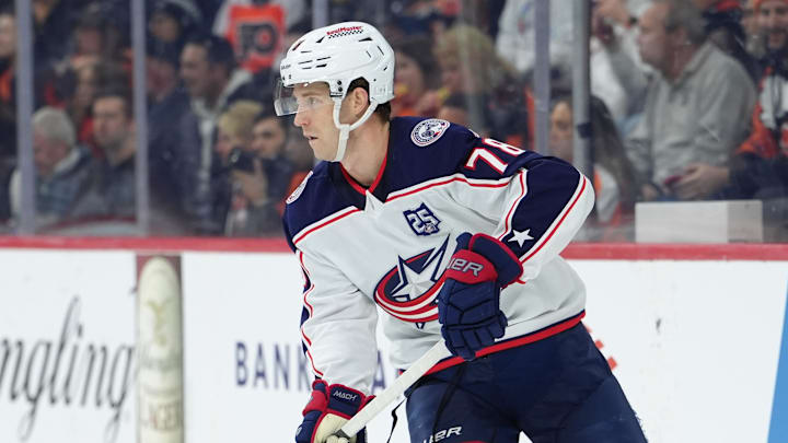 Mar 24, 2026; Philadelphia, Pennsylvania, USA; Columbus Blue Jackets defenseman Damon Severson (78) controls the puck against the Philadelphia Flyers in the first period at Xfinity Mobile Arena. Mandatory Credit: Kyle Ross-Imagn Images