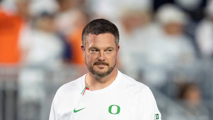 Oregon head coach Dan Lanning walks the field during warmups as the Oregon Ducks face the Penn State Nittany Lions on Sept. 27, 2025, at Beaver Stadium in University Park, Pennsylvania.