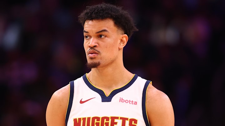 Mar 24, 2026; Phoenix, Arizona, USA; Denver Nuggets forward Spencer Jones (21) against the Phoenix Suns at Mortgage Matchup Center. Mandatory Credit: Mark J. Rebilas-Imagn Images