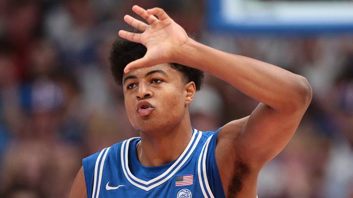 Duke Blue Devils center Joaquim Boumtje Boumtje (30) reacts after making a three against Kansas Jayhawks during the exhibition game inside Allen Fieldhouse in Lawrence, Kansas on Oct. 25, 2026. Duke Blue Devils center Joaquim Boumtje Boumtje (30) reacts after making a three against Kansas Jayhawks during the exhibition game inside Allen Fieldhouse in Lawrence, Kansas on Oct. 25, 2026.