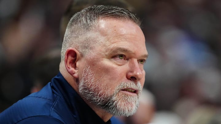 Apr 6, 2025; Denver, Colorado, USA; Denver Nuggets head coach Michael Malone during the second quarter against the Indiana Pacers at Ball Arena. Mandatory Credit: Ron Chenoy-Imagn Images Apr 6, 2025; Denver, Colorado, USA; Denver Nuggets head coach Michael Malone during the second quarter against the Indiana Pacers at Ball Arena. Mandatory Credit: Ron Chenoy-Imagn Images