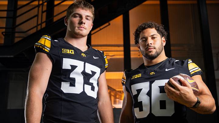 Iowa linebacker Cam Buffington (33) and Iowa linebacker Jayden Montgomery (36) stand for a portrait during Hawkeye football media day, Friday, Aug. 14, 2026, in Iowa City. Iowa linebacker Cam Buffington (33) and Iowa linebacker Jayden Montgomery (36) stand for a portrait during Hawkeye football media day, Friday, Aug. 14, 2026, in Iowa City.