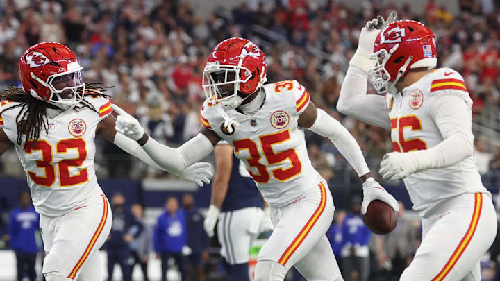 Nov 27, 2025; Arlington, Texas, USA; Kansas City Chiefs linebacker Nick Bolton (32) and Kansas City Chiefs cornerback Jaylen Watson (35) celebrate after an interception against the Dallas Cowboys during the first quarter at AT&T Stadium. Mandatory Credit: Kevin Jairaj-Imagn Images Nov 27, 2025; Arlington, Texas, USA; Kansas City Chiefs linebacker Nick Bolton (32) and Kansas City Chiefs cornerback Jaylen Watson (35) celebrate after an interception against the Dallas Cowboys during the first quarter at AT&T Stadium. Mandatory Credit: Kevin Jairaj-Imagn Images
