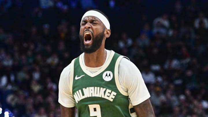Milwaukee Bucks forward Bobby Portis (9) reacts after scoring a 3-point basket in the second quarter against the Golden State Warriors at Fiserv Forum on October 30, 2025.