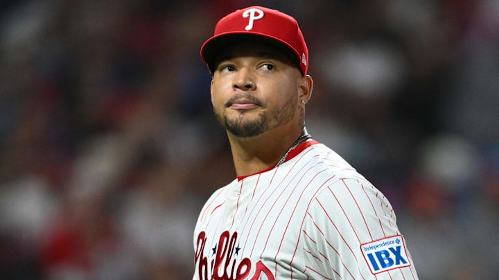 Sep 24, 2024; Philadelphia, Pennsylvania, USA; Philadelphia Phillies relief pitcher Taijuan Walker (99) looks on after pitching against the Chicago Cubs in the second inning at Citizens Bank Park Sep 24, 2024; Philadelphia, Pennsylvania, USA; Philadelphia Phillies relief pitcher Taijuan Walker (99) looks on after pitching against the Chicago Cubs in the second inning at Citizens Bank Park
