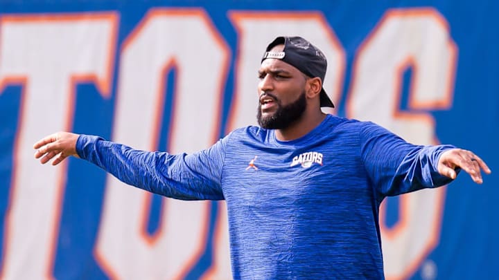 New Florida secondary coach Will Harris directs his defensive backs during the Florida Gators as they held their final open Spring football practice before the Orange and Blue Game at Sanders Practice Fields in Gainesville, FL on Tuesday, April 9, 2024. [Doug Engle/Gainesville Sun]