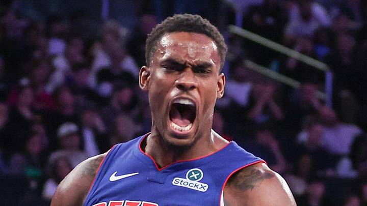 Apr 19, 2025; New York, New York, USA; Detroit Pistons center Jalen Duren (0) reacts after scoring against the New York Knicks in Game One of the First Round of the NBA Playoffs at Madison Square Garden. Mandatory Credit: Wendell Cruz-Imagn Images