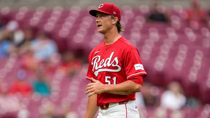 Cincinnati Reds pitcher Brady Singer (51) returns to the dugout after the second inning of the MLB National League Central game between the Cincinnati Reds and the Milwaukee Brewers at Great American Ball Park in downtown Cincinnati on Monday, June 22, 2026. The game was scoreless after four innings.