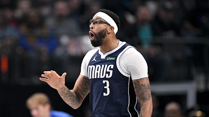 Dec 12, 2025; Dallas, Texas, USA; Dallas Mavericks forward Anthony Davis (3) reacts to a foul call during the first quarter against the Brooklyn Nets at the American Airlines Center. Mandatory Credit: Jerome Miron-Imagn Images