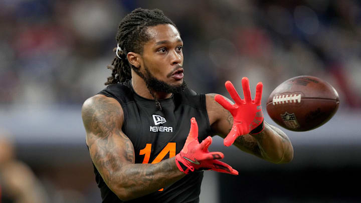 Mar 1, 2025; Indianapolis, IN, USA; Oregon running back Jordan James (RB14) during the 2025 NFL Combine at Lucas Oil Stadium. Mandatory Credit: Kirby Lee-Imagn Images