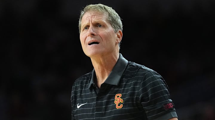 Jan 13, 2026; Los Angeles, California, USA; Southern California Trojans head coach Eric Musselman reacts against the Maryland Terrapins in the first half at Galen Center. Mandatory Credit: Kirby Lee-Imagn Images
