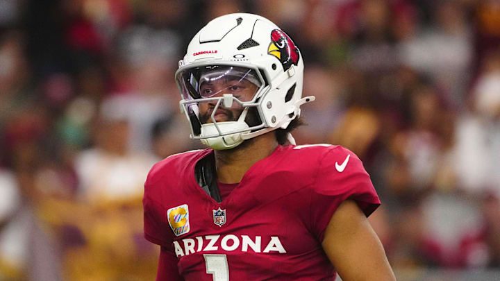 Cardinals quarterback Kyler Murray (1) reacts after a three and out against the Commanders during a game at State Farm Stadium in Glendale on Sept. 29, 2024.