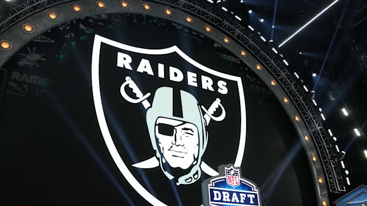 Apr 25, 2024; Detroit, MI, USA; A Las Vegas Raiders logo at the 2024 NFL Draft at Campus Martius Park and Hart Plaza. Mandatory Credit: Kirby Lee-Imagn Images Apr 25, 2024; Detroit, MI, USA; A Las Vegas Raiders logo at the 2024 NFL Draft at Campus Martius Park and Hart Plaza. Mandatory Credit: Kirby Lee-Imagn Images