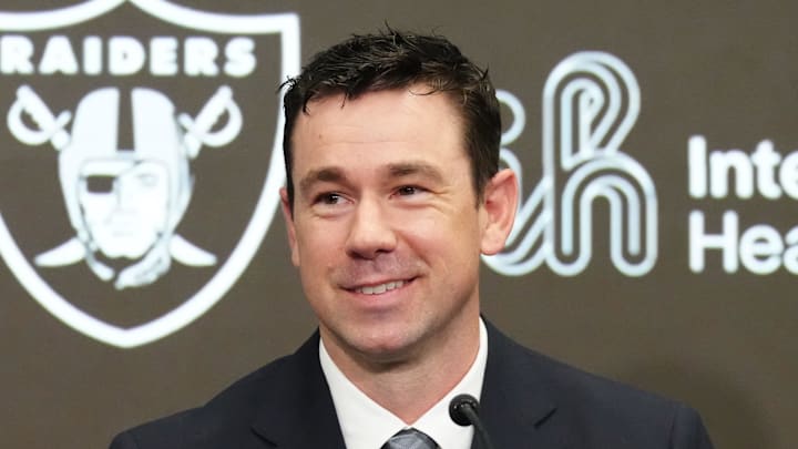Feb 10, 2026; Henderson, NV, USA; Las Vegas Raiders coach Klint Kubiak speaks at introductory press conference at Intermountain Health Performance Center. Mandatory Credit: Kirby Lee-Imagn Images