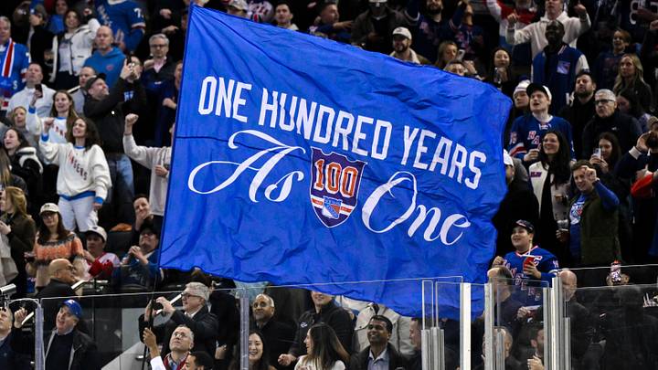 Nov 16, 2025; New York, New York, USA; General view of a flag being waved by New York Rangers staff during the second period against the Detroit Red Wings at Madison Square Garden. Nov 16, 2025; New York, New York, USA; General view of a flag being waved by New York Rangers staff during the second period against the Detroit Red Wings at Madison Square Garden.