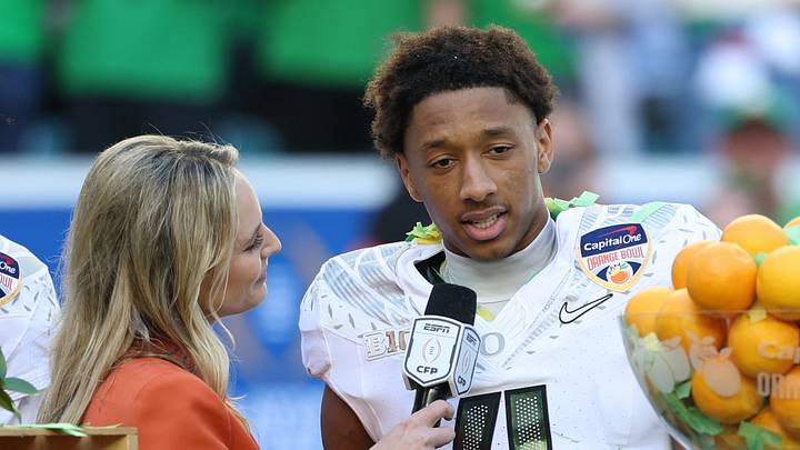 Oregon Ducks defensive back Brandon Finney (4) is interviewed by. ESPN’s Katie George following the 2025 Orange Bowl and quarterfinal game of the College Football Playoff against the Texas Tech Red Raiders at Hard Rock Stadium. Mandatory Credit: Nathan Ray Seebeck-Imagn Images Oregon Ducks defensive back Brandon Finney (4) is interviewed by. ESPN’s Katie George following the 2025 Orange Bowl and quarterfinal game of the College Football Playoff against the Texas Tech Red Raiders at Hard Rock Stadium. Mandatory Credit: Nathan Ray Seebeck-Imagn Images