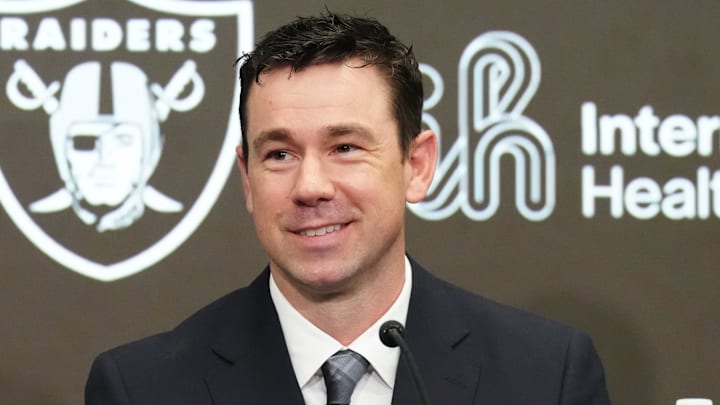 Las Vegas Raiders coach Klint Kubiak speaks at introductory press conference.