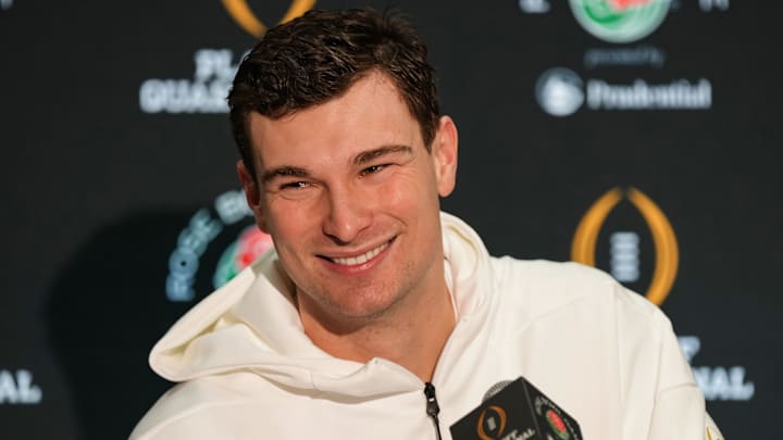 Indiana Hoosiers quarterback Fernando Mendoza (15) answers questions Tuesday, Dec. 30, 2025, during Media Day interviews ahead of the Rose Bowl game against Alabama Crimson Tide at the Sheraton Grand Los Angeles.