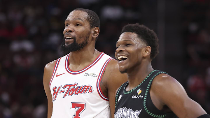 Apr 10, 2026; Houston, Texas, USA; Houston Rockets forward Kevin Durant (7) talks with Minnesota Timberwolves guard Anthony Edwards (5) during the third quarter at Toyota Center. Mandatory Credit: Troy Taormina-Imagn Images Apr 10, 2026; Houston, Texas, USA; Houston Rockets forward Kevin Durant (7) talks with Minnesota Timberwolves guard Anthony Edwards (5) during the third quarter at Toyota Center. Mandatory Credit: Troy Taormina-Imagn Images